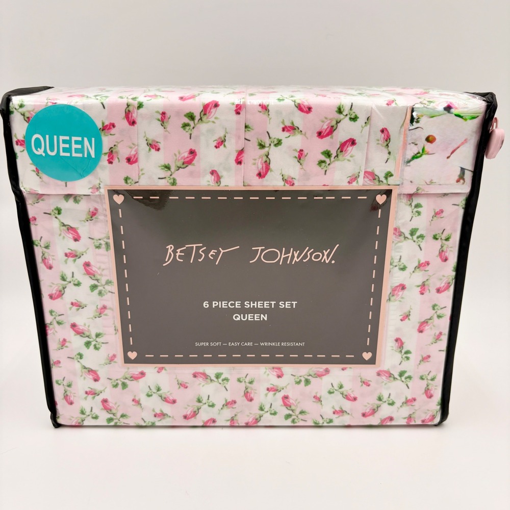 Betsey Johnson Queen Sheet Set 6 Piece Rose Stripe Pink Floral Bedding